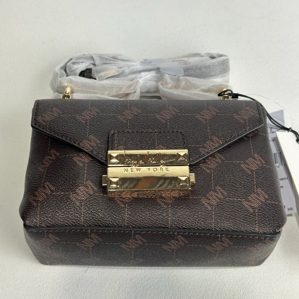 Nicole Miller Faux Leather Crossbody Chain Brown Logo Purse